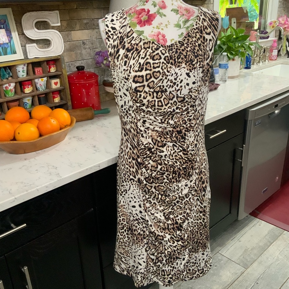Calvin Klein Women’s Size 14 Dress Leopard Print Sleeveless Ruched Stretch New